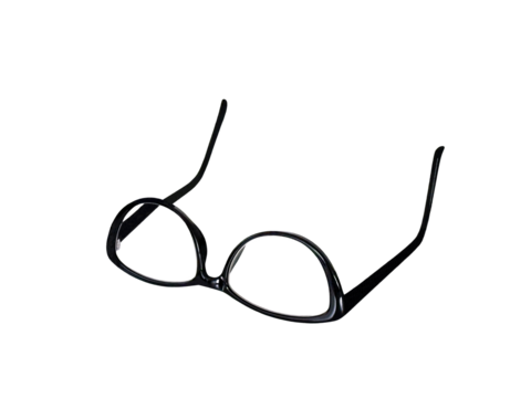 Pair of women's glasses with a black cat eye shaped frame isolated on a transparent background
