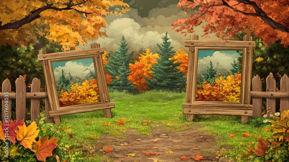 Poster autumn landscape with two wooden frames and colorful foliage in a forest setting with copy space for