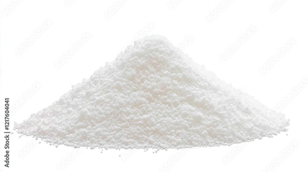 Aufkleber white powder in a conical heap on a plain background with ample copy space for text insertion.