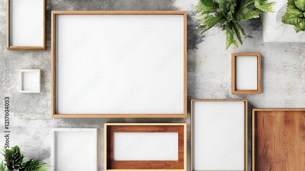 Poster assorted picture frames with copy space on a textured gray background featuring greenery and wooden 