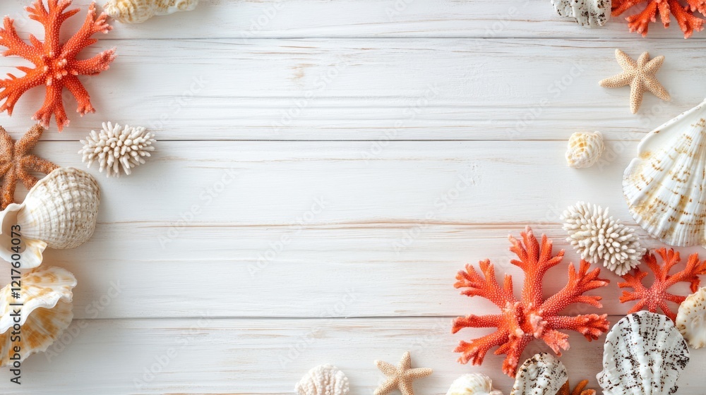 Poster colorful seashells and coral arranged on a rustic white wooden background with ample copy space for 
