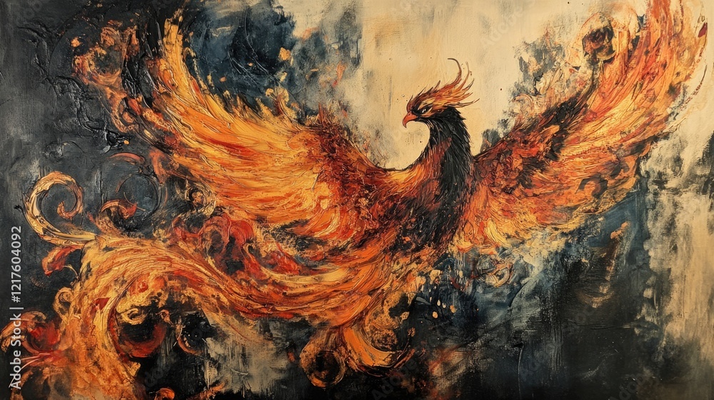 Poster colorful abstract painting of a phoenix rising from flames with dynamic brush strokes and texture on