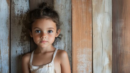 Fototapeta premium Portrait of a young girl with curly hair against a rustic wooden background looking directly at the camera with copy space.