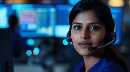 Indian Call Center Agent with Headset Working at Computer Station, Businesswomen thrive in call centers concept.