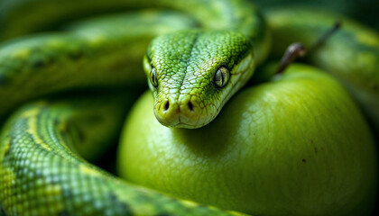 Fototapeta premium Bright green snake resting on a shiny green apple surrounded by lush greenery in a natural habitat