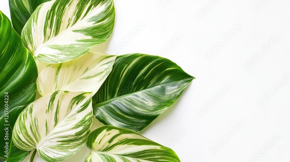 Poster assorted variegated green and white leaves on white background with copy space for text