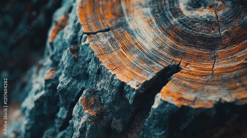 Poster close-up view of a tree trunk cross-section displaying detailed wood grain patterns and texture copy