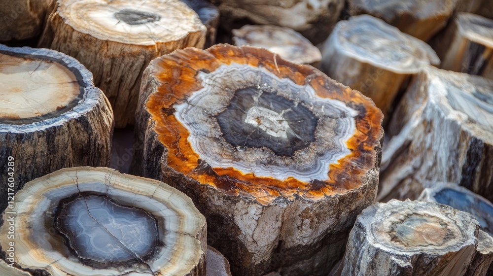 Poster colorful cross-sections of petrified wood displaying intricate patterns and textures with natural va