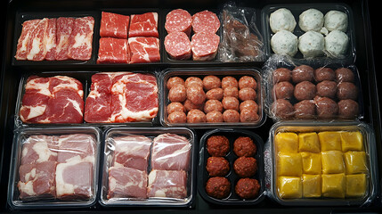 A variety of meat products including meatballs and bologna.illustration