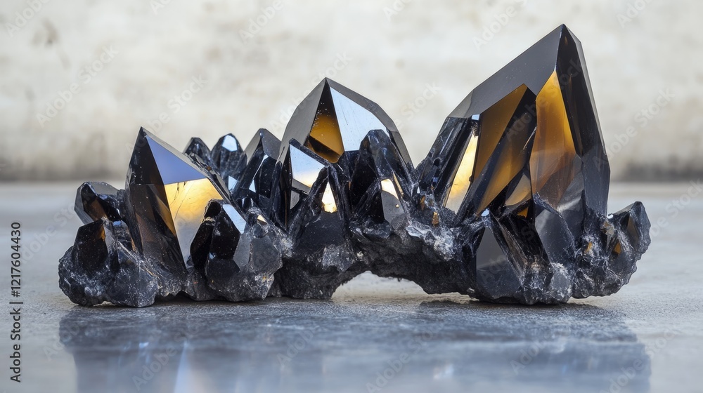 Poster black crystal cluster with pointed edges and reflective surfaces on a gray background suitable for p