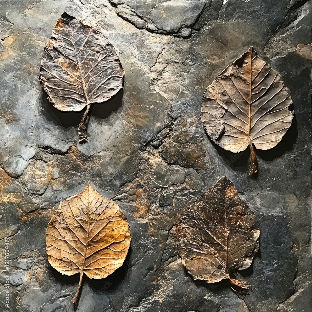 Poster dried leaves arranged on textured stone background with natural patterns and colors copy space