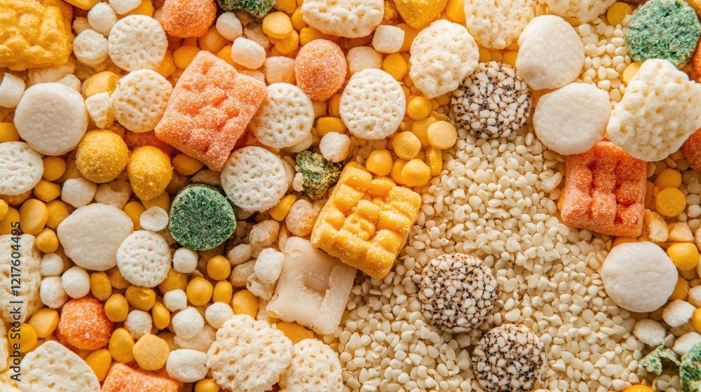 Aufkleber colorful assorted confectionery candies and sweets on a textured background with ample copy space fo