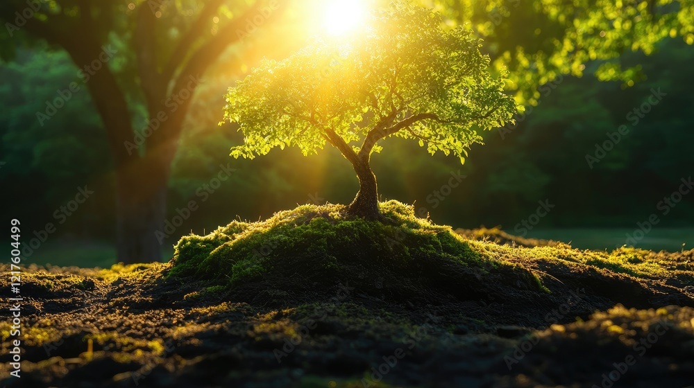 Poster sunlight illuminating a small tree on mossy ground in a forest with blurred background and copy spac