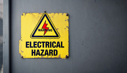 Fototapeta premium Warning sign indicating electrical hazard on a gray surface near a facility