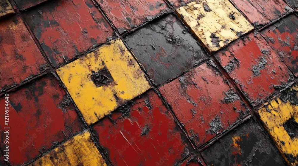 Poster worn textured surface of yellow red and black painted tiles with visible wear and tear showing copy 