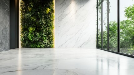 Obraz premium Modern interior with marble flooring and green living wall, large windows allowing natural light, minimalist design, Copy Space.