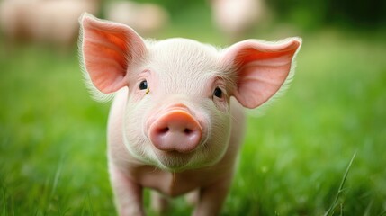 Fototapeta premium Cute domestic piglet standing on green grass in natural outdoor setting with blurred background and ample copy space.