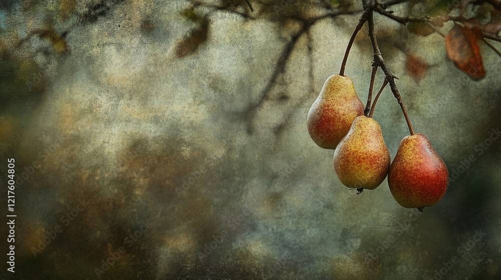 Poster Ripened pears hanging on tree branches with textured background and soft focus Copy Space for design elements