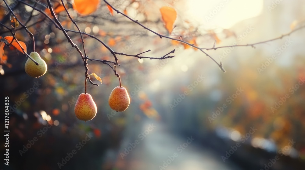 Poster pears hanging from a tree branch during autumn with blurred background and warm sunlight copy space