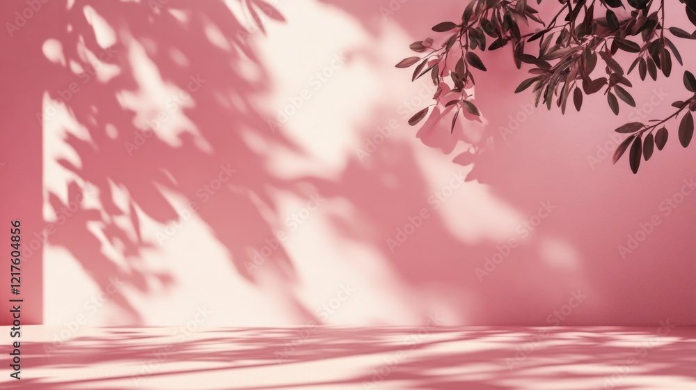 Poster pink wall with natural shadows and leaves creating a textured backdrop providing ample copy space fo