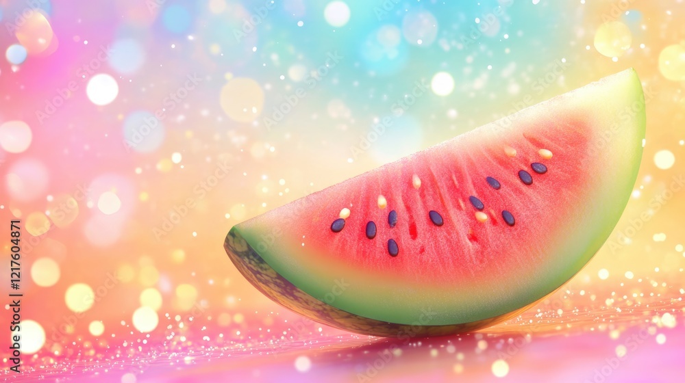 Poster watermelon slice on colorful bokeh background with soft focus and copy space for text or design elem