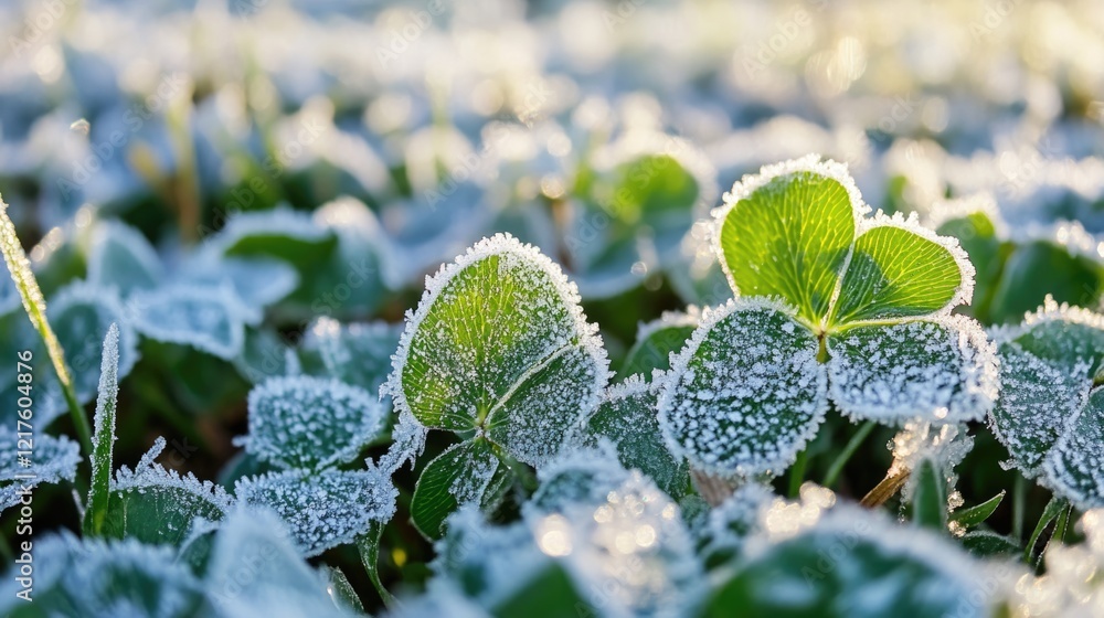 Aufkleber frosty clovers covered in ice crystals at dawn with blurred background and copy space for text place