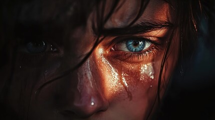 Naklejka premium Close-up of a person's face with blue eyes, illuminated by warm light, featuring visible tears and wet skin, Copy Space available.