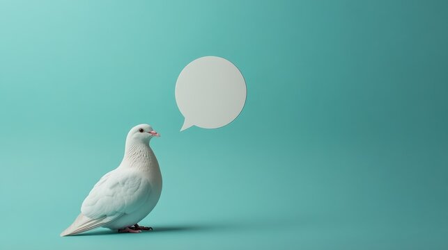 White pigeon standing on a solid turquoise background with a speech bubble and ample copy space for text insertion