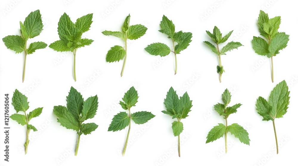 Poster collection of fresh mint leaves arranged in a grid pattern on a white background with copy space for