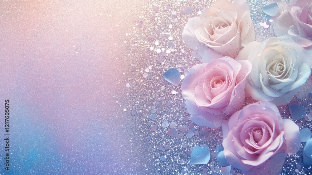 Poster rose flowers with pastel colors and glittery background with bokeh effect copy space for text or gra