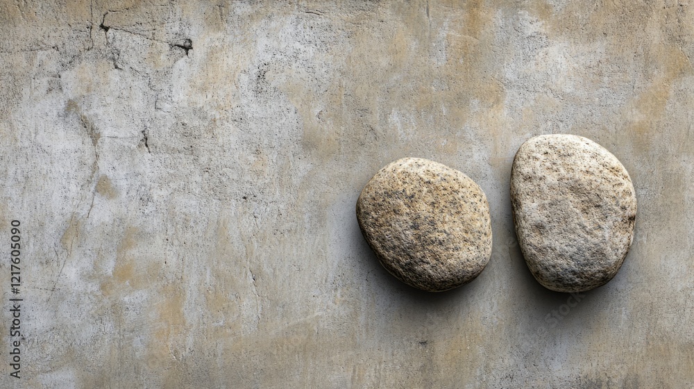 Poster abstract composition featuring two smooth stones against a textured concrete wall with ample copy sp