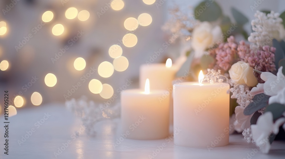 Poster Soft lit candles on a table with blurred floral arrangement and bokeh background Copy Space for text placement