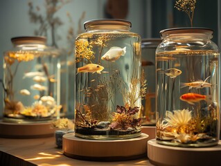 Beautiful aquariums showcase vibrant fish.