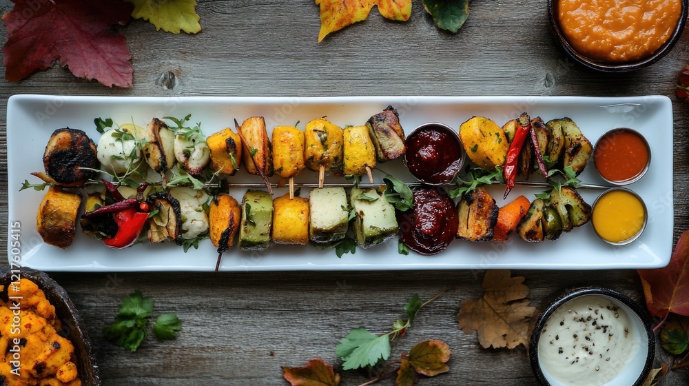 Poster assorted grilled vegetable skewers garnished with fresh herbs served on a rectangular platter with d