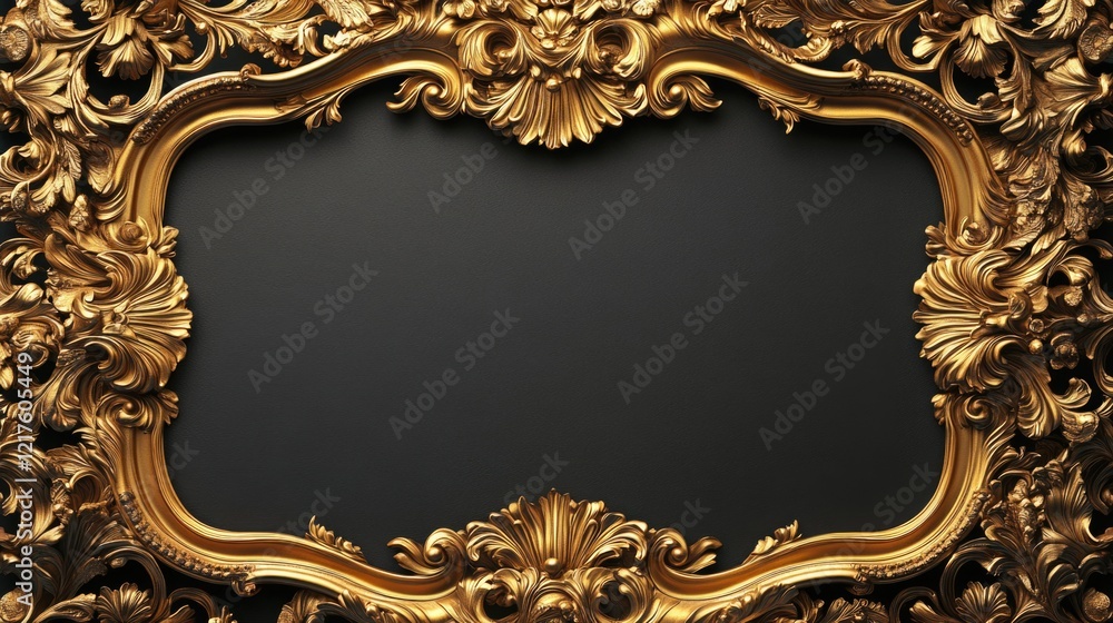Poster golden ornate frame with intricate floral patterns on a dark background, copy space available for te