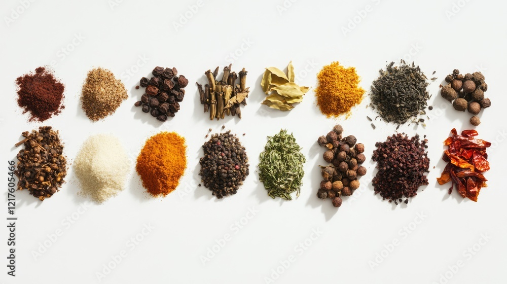 Poster assorted spices and herbs arranged neatly on a white background with copy space for text.