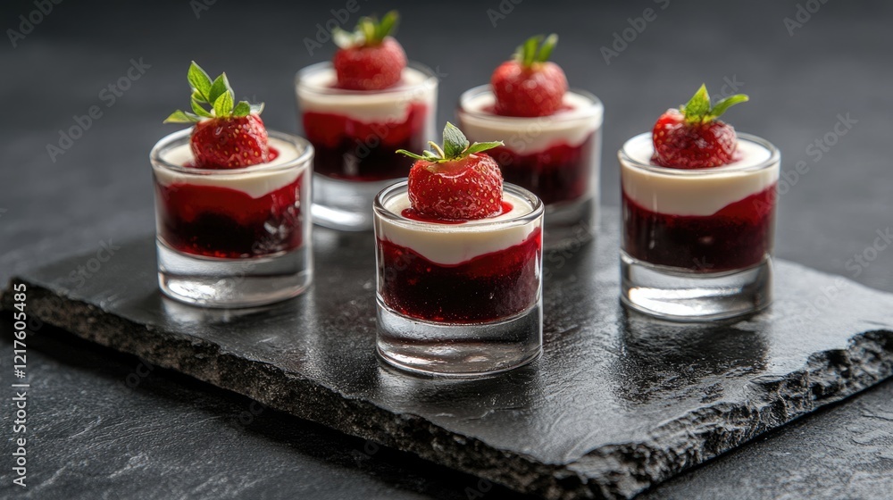 Poster dessert cups with layers of raspberry jam and cream topped with fresh strawberries on a black slate 