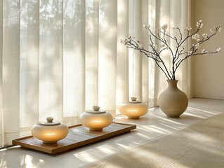 still life showcases traditional Japanese tea set on bamboo tray beside vase holding cherry blossom sprig. Soft lighting enhances calming atmosphere.