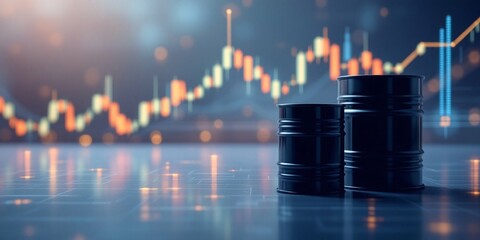 Oil barrels on blurred stock market chart background. Crude oil price and trading analysis. Energy sector investment and petroleum industry trends
