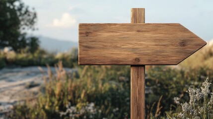 Wooden directional signpost with blank surface in outdoor setting surrounded by greenery and soft background landscape Copy Space