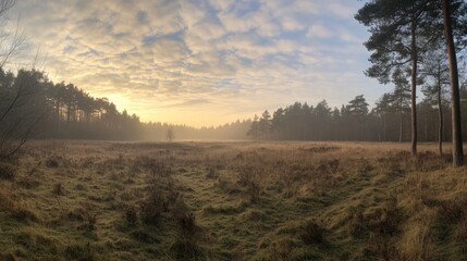 Obraz premium Misty sunrise over a meadow with lush grasses and tree silhouettes in the background Copy Space