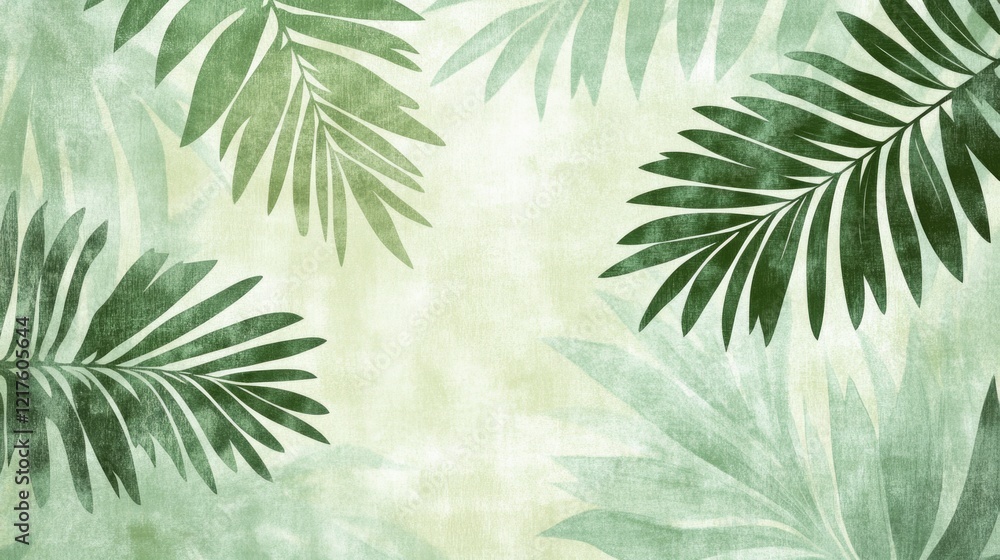 Poster Tropical palm leaves background with textured green tones and copy space for design elements or text placement.