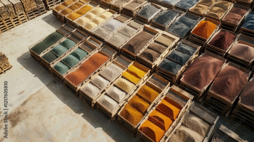 Aufkleber colorful assortment of spices arranged in wooden crates on a market floor with ample copy space for 
