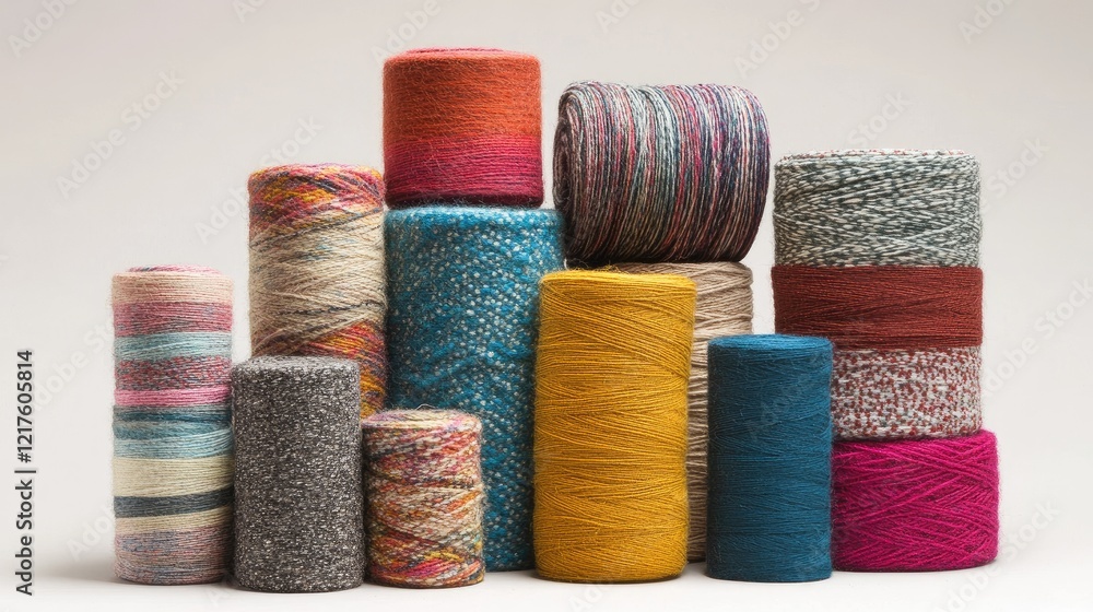Poster colorful assortment of spools of thread and yarn arranged in a dynamic composition with copy space f