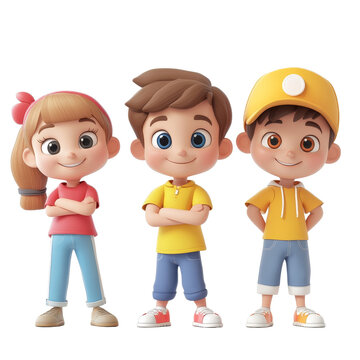 Fun cartoon children standing together with colorful outfits on a bright background, 3d cartoon of little childrenisolated transparent background