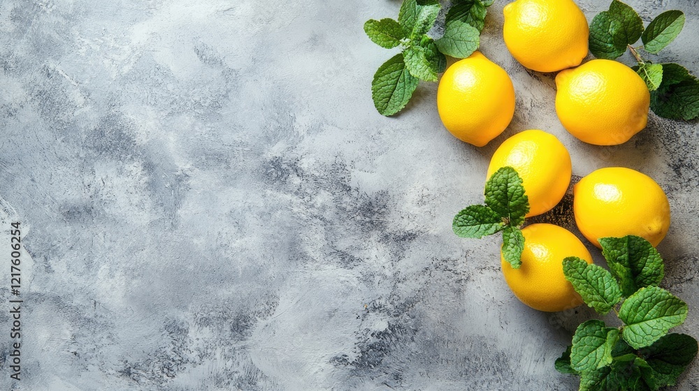 Poster fresh lemons arranged on a textured gray background with mint leaves and copy space for placement of