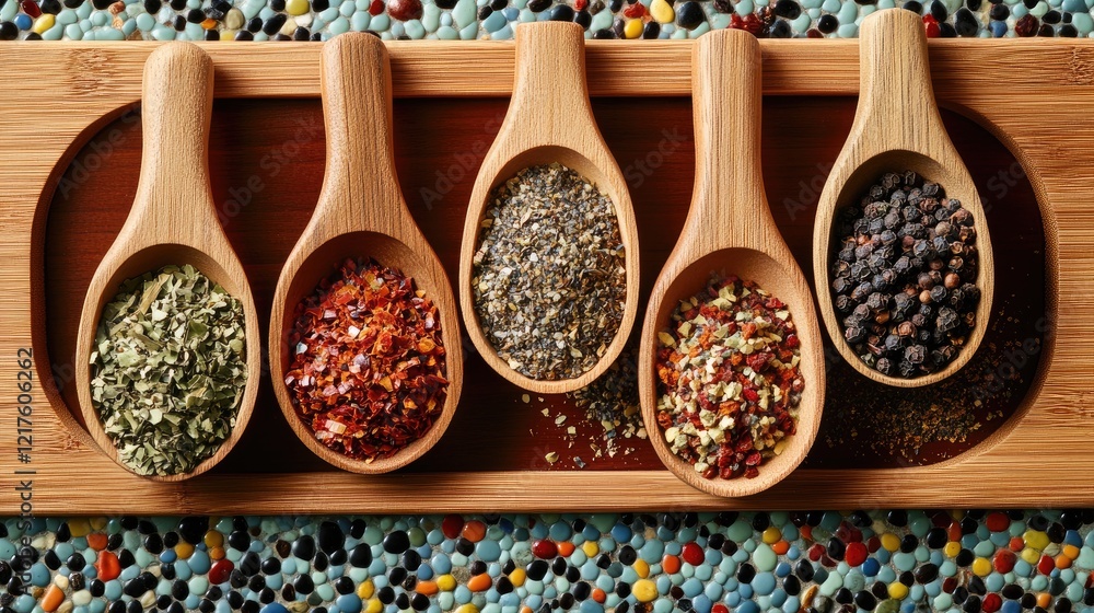 Poster assorted spices in wooden scoops on a colorful textured background with copy space for text placemen