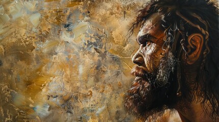 Portrait of a rugged male figure resembling ancient human ancestry.