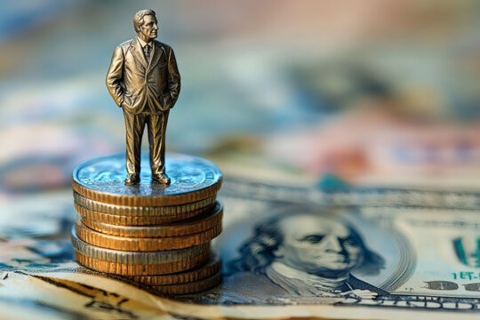 Oligarchy concept, a figure of a billionaire standing on top of coins and American dollars