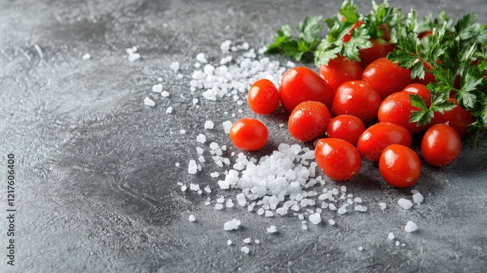 Poster fresh cherry tomatoes with sea salt and parsley on a textured dark background with copy space for te